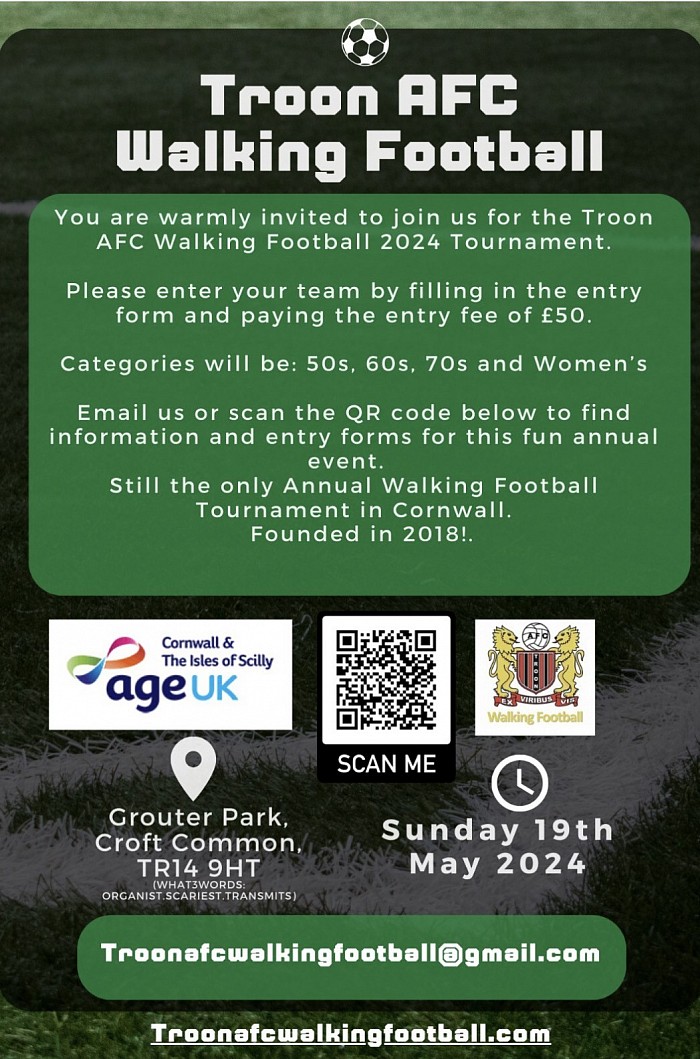 To enter a team, email TroonAFCWalkingFootball@gmail.com